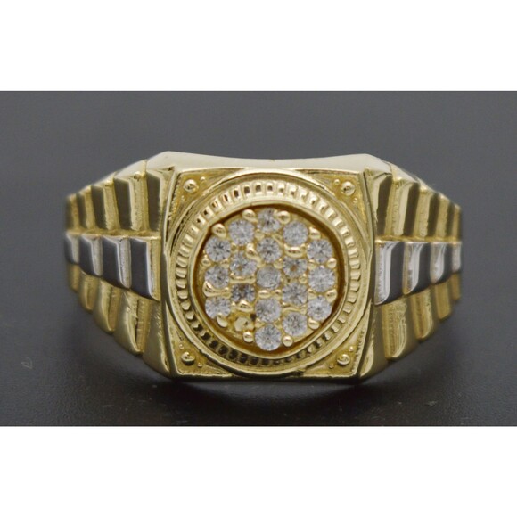 Real 10K Yellow Solid Gold Two-Tone Railroad Round CZ Signet Ring All Sizes